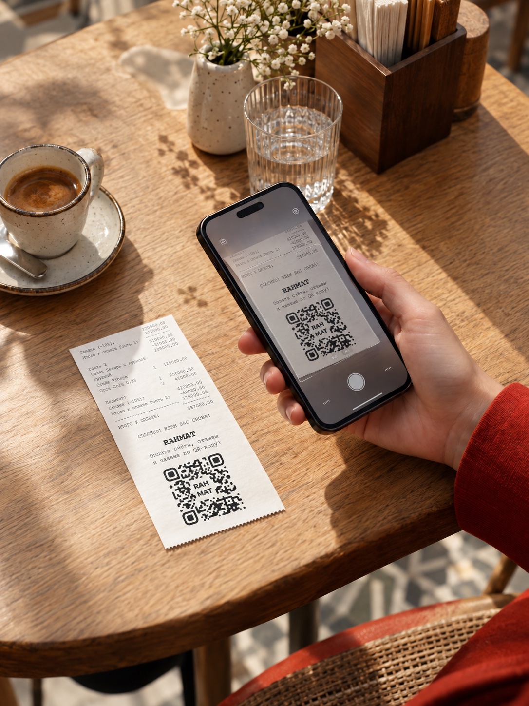 Kafeda mehmon hisob varag‘idagi Rahmat QR’ni skanerlamoqda