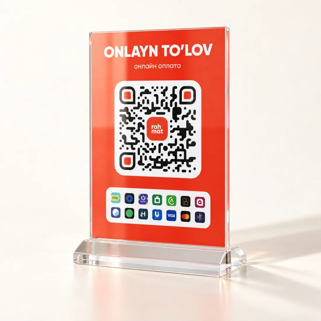 Shaffof akril taglikdagi qizil Rahmat QR stol lavhasi