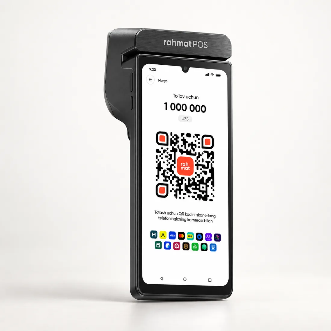 Ekranida QR ko‘rsatilgan Rahmat POS to‘lov terminali