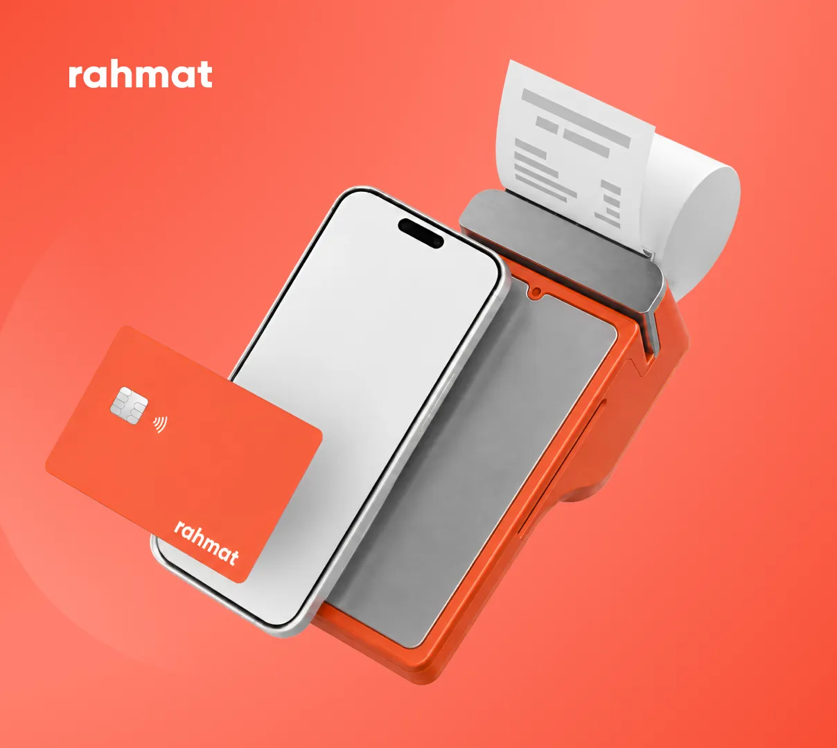 Платёжный терминал Rahmat с чеком, смартфоном и картой rahmat