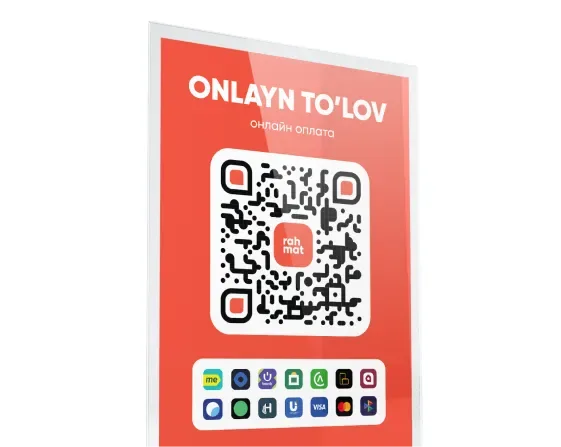 Табличка с QR-кодом Rahmat для онлайн-оплаты и логотипами платёжных сервисов
