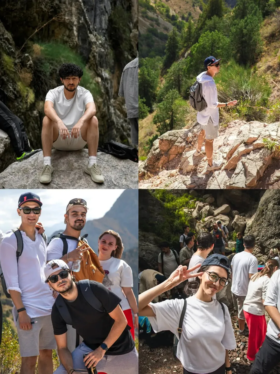 Rahmat employees hiking among rocks and greenery in the mountains