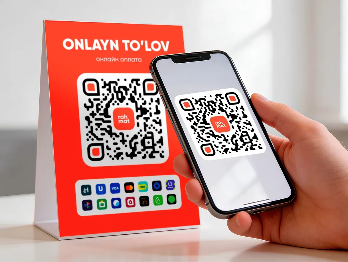 Подставка с QR-кодом Rahmat и телефон с открытым кодом оплаты