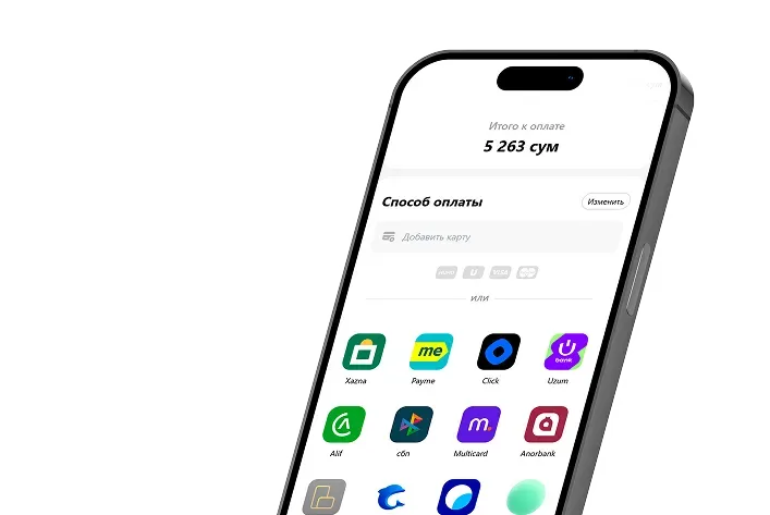 Телефон с экраном выбора способа оплаты: карты, Payme, Click, Uzum