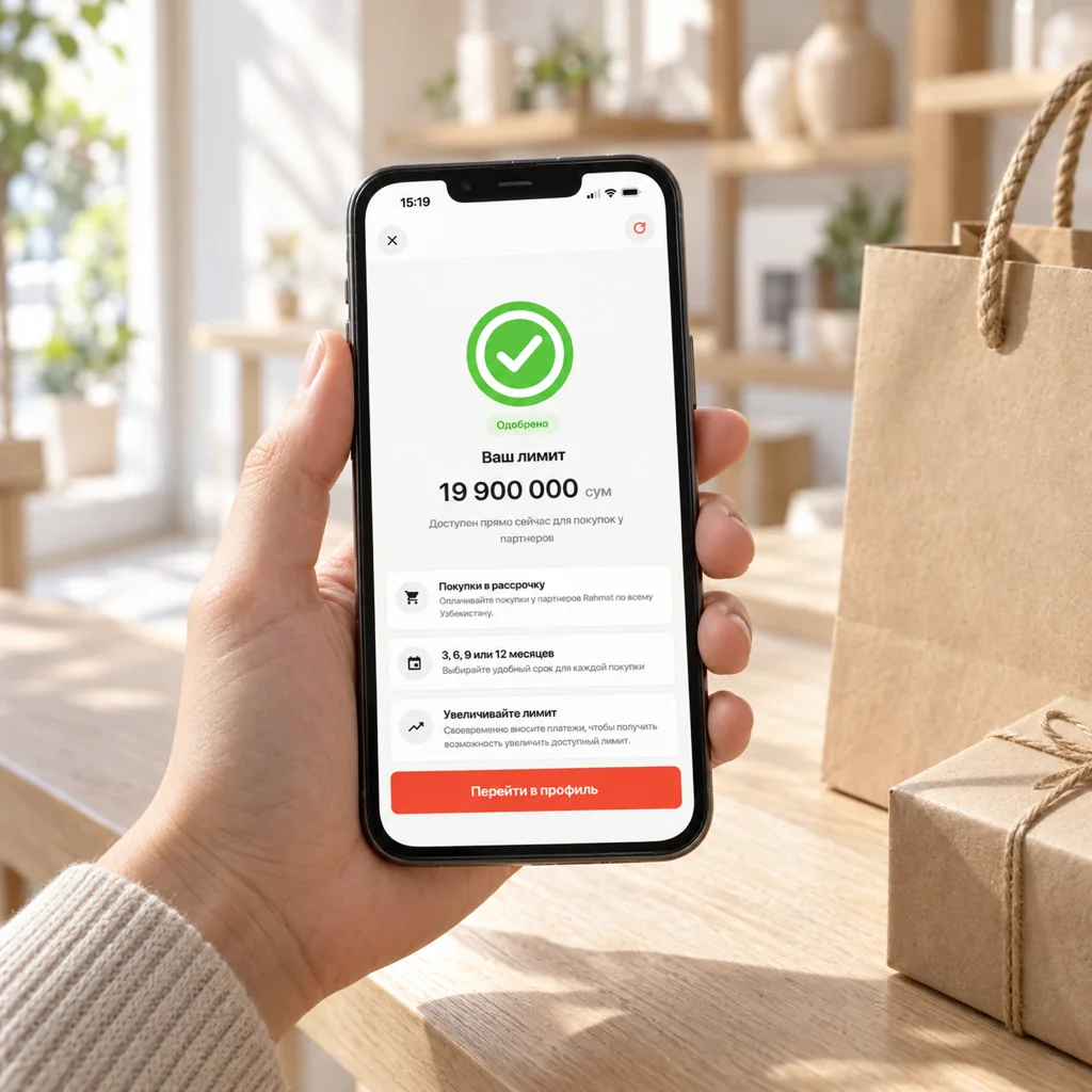 Смартфон с одобренным лимитом на покупки в приложении Rahmat