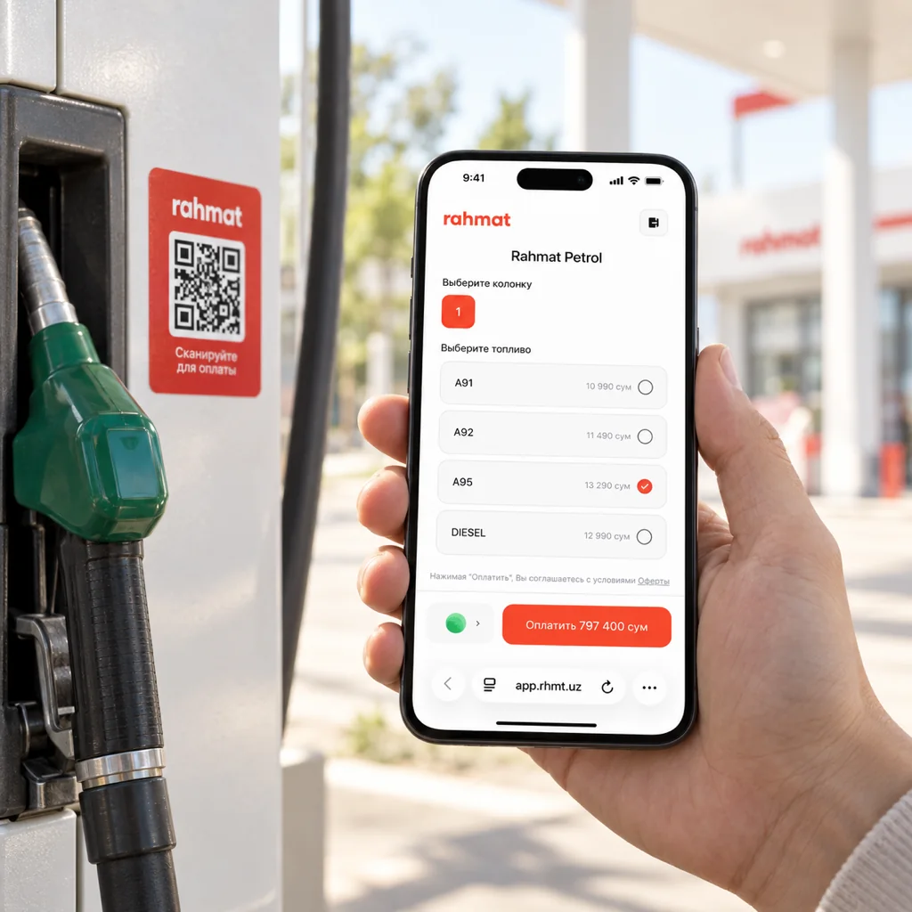 A smartphone showing Rahmat Petrol fuel selection next to a fuel pump
