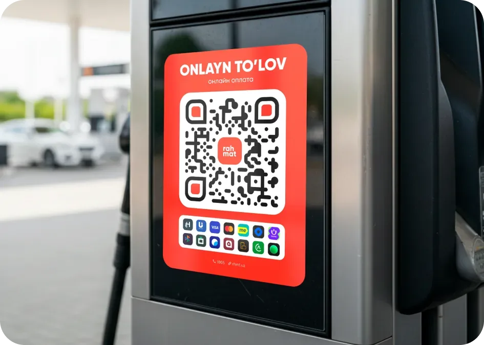 A Rahmat QR online payment sticker on a fuel pump