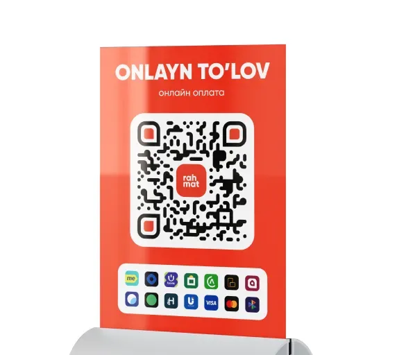Табличка Rahmat QR с QR-кодом и логотипами платёжных сервисов