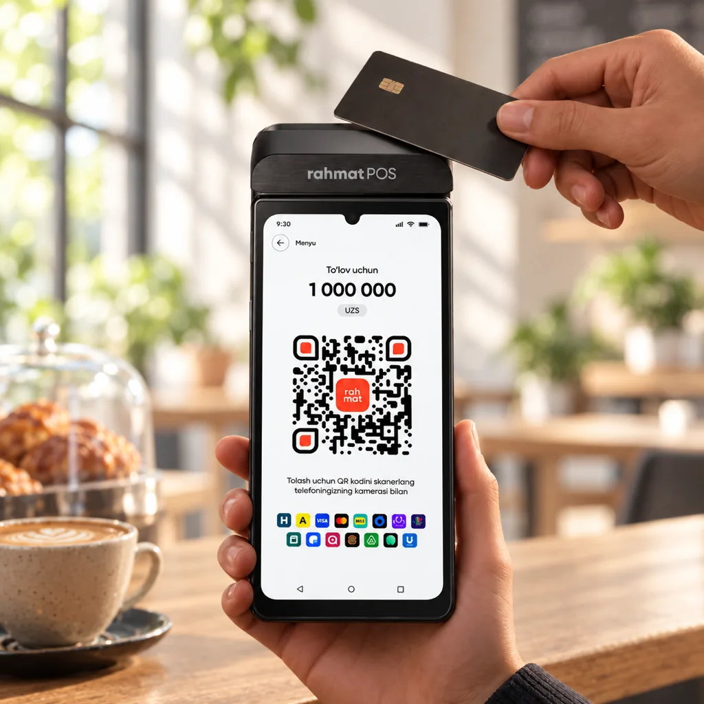 Qo‘ldagi Rahmat POS to‘lov terminali: ekranda to‘lov summasi va QR-kod