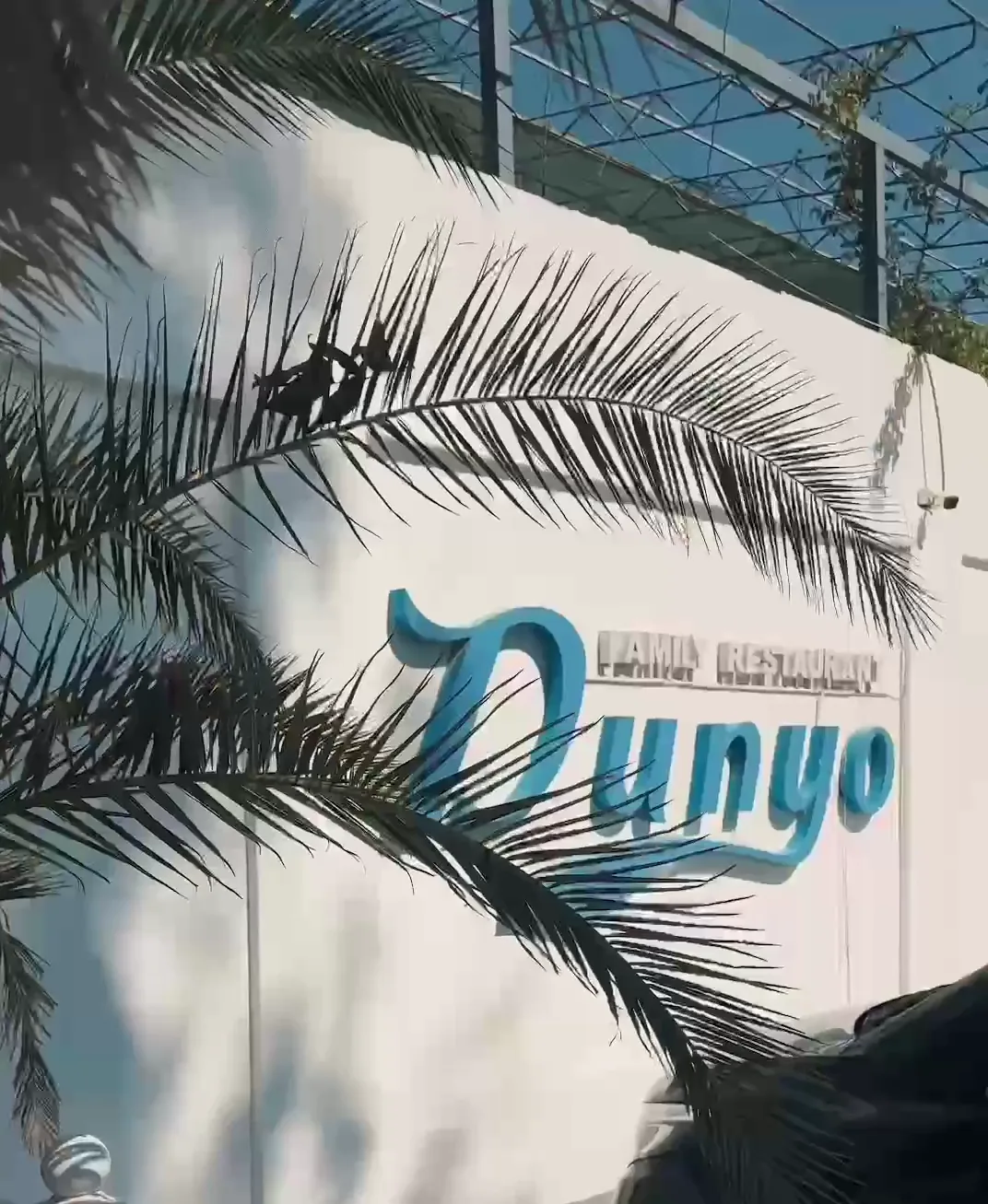Palma barglari bilan o‘ralgan Dunyo restorani peshlavhasi