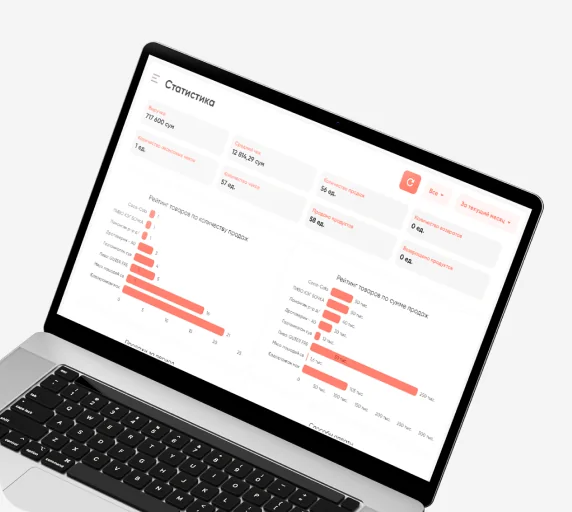 Noutbukdagi virtual kassaning savdo statistikasi ekrani