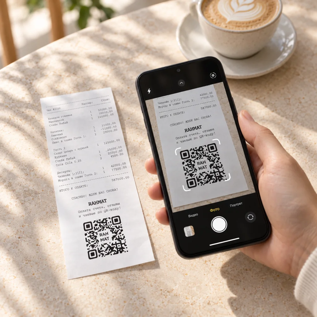 Смартфон сканирует QR-код Rahmat на счёте в ресторане