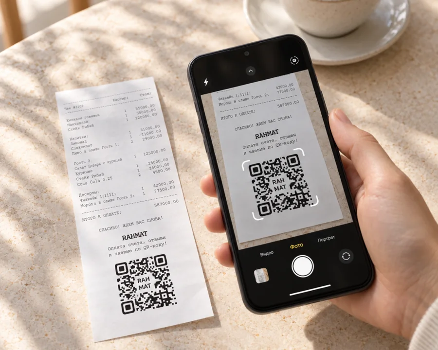 Смартфон сканирует QR-код Rahmat на счёте в ресторане