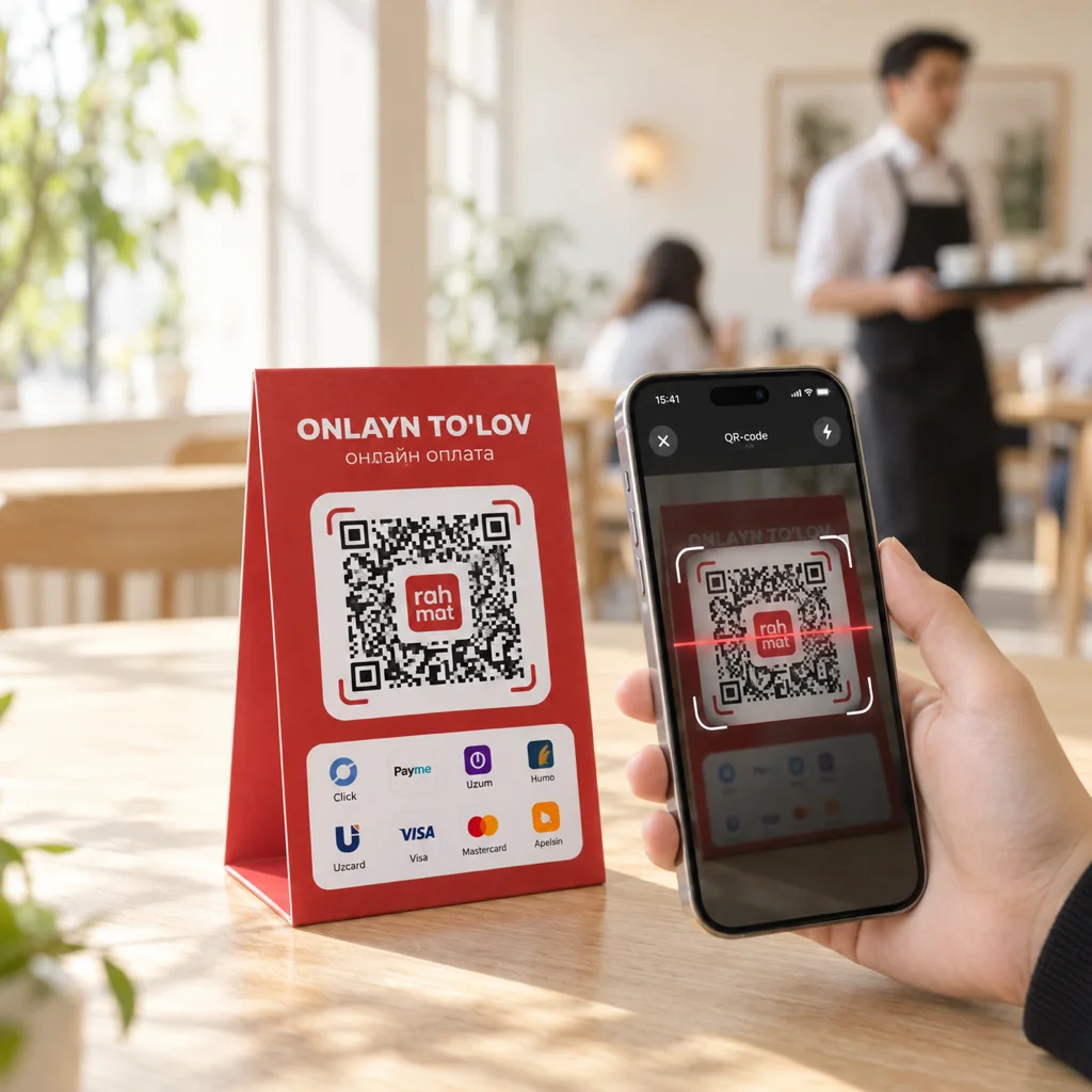 Гость сканирует QR-код Rahmat на столе в кафе