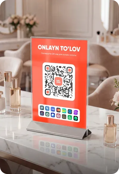 A Rahmat QR stand on a beauty salon reception desk