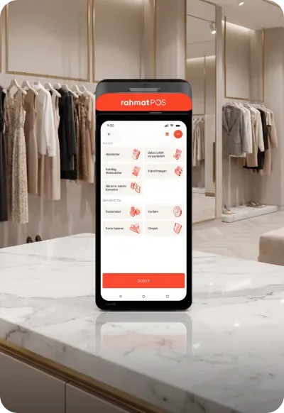 A Rahmat POS terminal on a clothing store counter