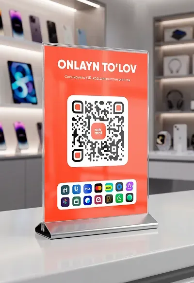 A Rahmat QR stand on an electronics store counter