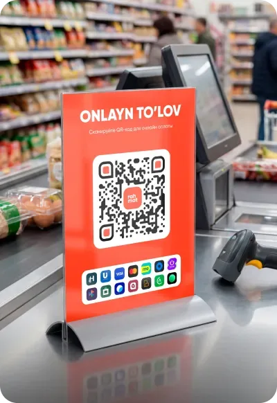 A Rahmat QR online payment stand at a supermarket checkout