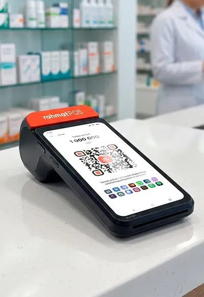 A Rahmat POS terminal showing a QR code in a pharmacy
